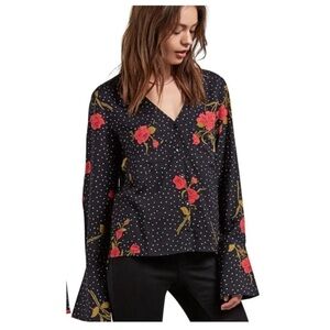 Volcom Check Out Time Floral Polka Dot Long Sleeve Fluted Top Blouse Black Red